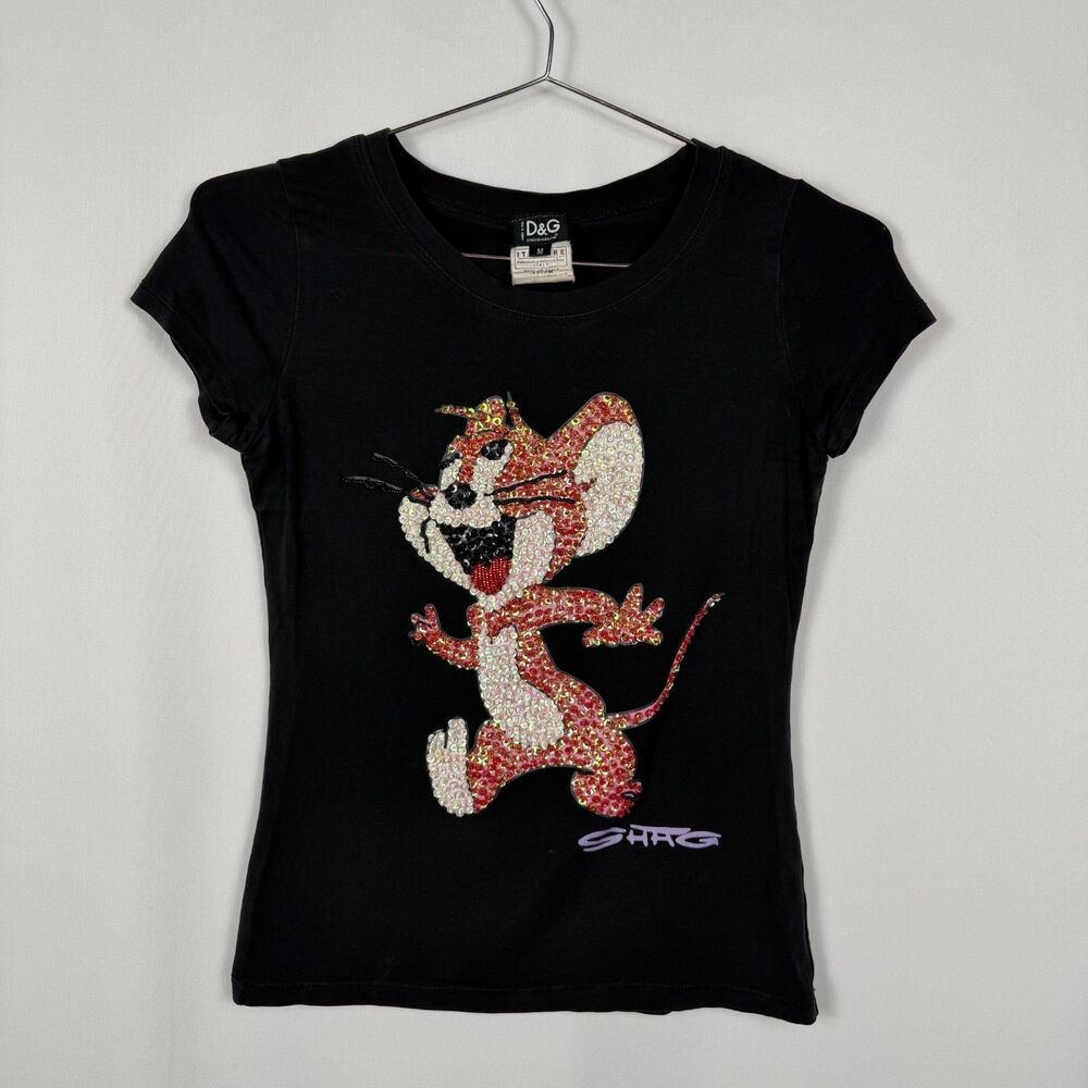 Vintage 90's DOLCE & GABBANA Tom and Jerry Beaded Top  Black RARE Medium